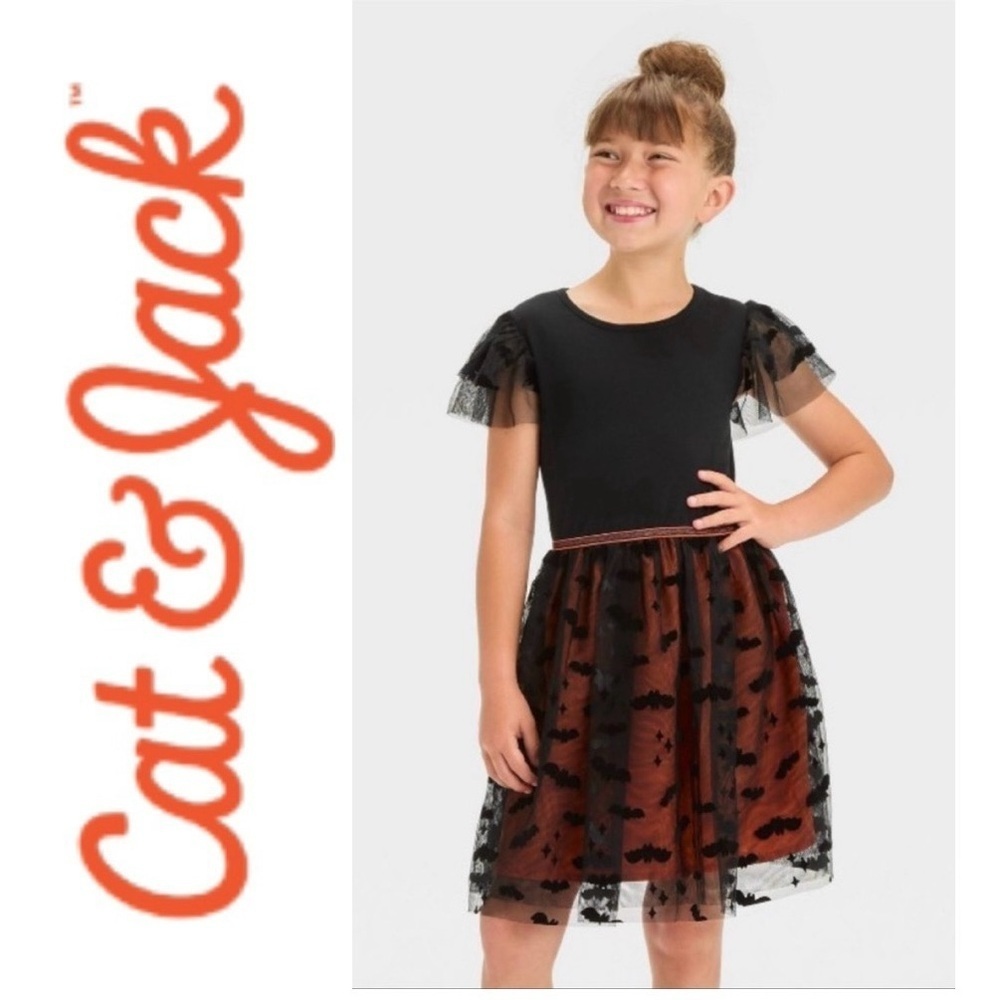CAT & JACK Bat Halloween Tulle Dress Black Orange Party Trick Treat Girl L 10/12